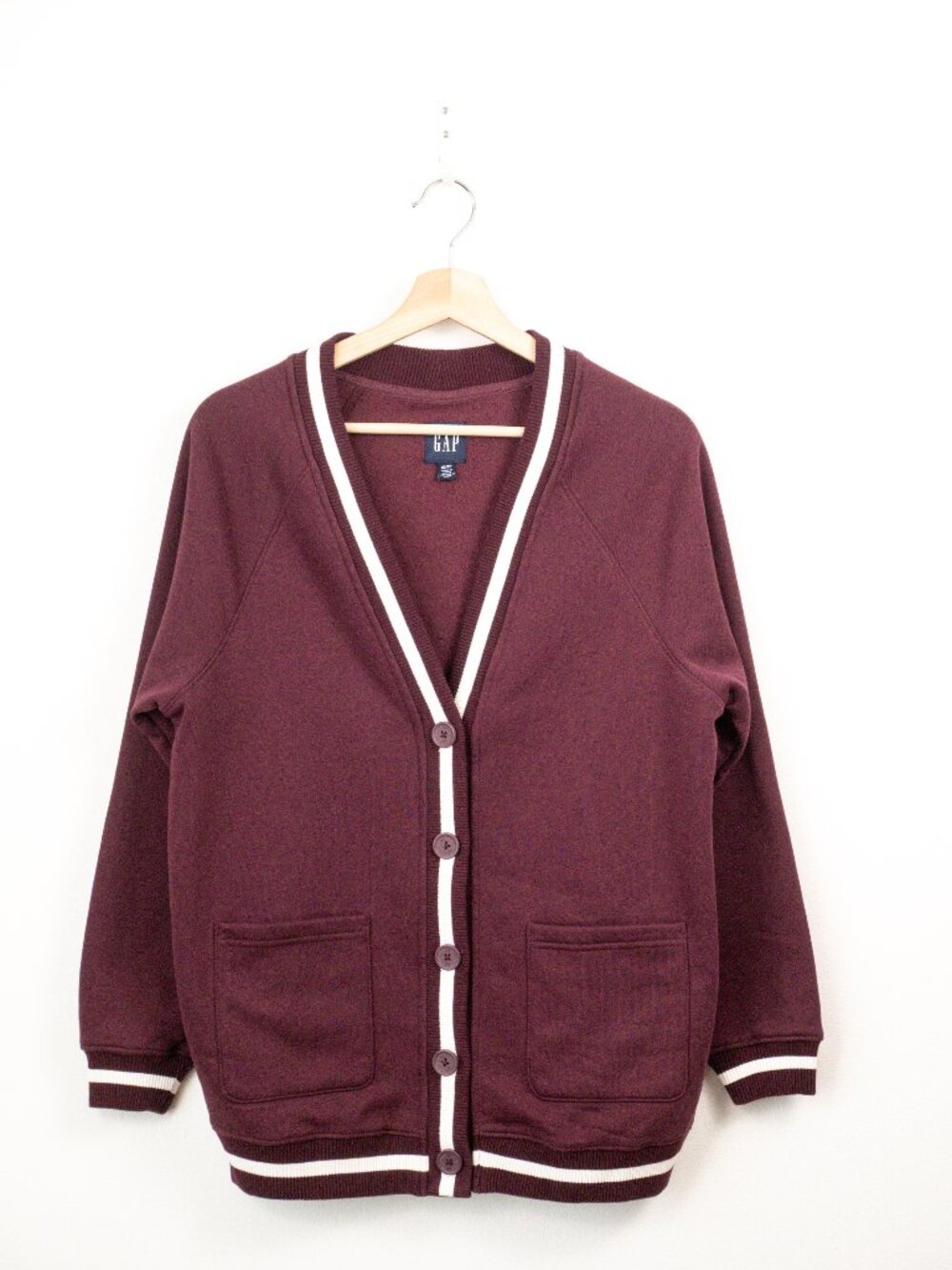GAP Fleece Varsity Sweatshirt Cardigan Burgundy Varsity Stripe XS / TP Mint